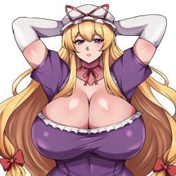 1girls ai_generated arms_behind_head arms_up blonde_hair breasts cleavage elbow_gloves female frilled_dress frills huge_breasts long_hair mob_cap nipple_bulge purple_dress purple_eyes red_ribbon solo touhou white_gloves yakumo_yukari yukari_yakumo