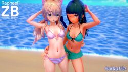 16:9 2girls animal_ears bikini black_hair blonde_hair cat_ears copyright_logo dark_skin gacha gacha_3d gacha_club gacha_life koikatsu lunime ramunade raphaelzb senpaibuns