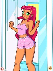 1girls blush dc_comics female furboz medium_breasts pajamas small_breasts solo starfire tap_pants teen_titans