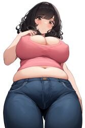 1girls ai_generated belly big_breasts black_hair blue_jeans breasts chubby cleavage female female_only jeans large_breasts looking_at_viewer muffin_top nai_diffusion navel nipple_bulge novelai original original_character plump pokies short_hair solo solo_female tank_top thick_thighs wide_hips worm's-eye_view