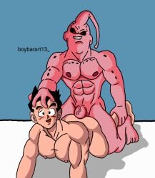 2boys bara black_hair deep_penetration doggy_style dragon_ball fucked_from_behind gay majin_buu male male_moaning open_mouth pecs saiyan son_gohan