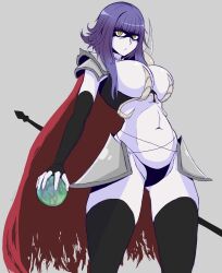 1girls 2024 big_breasts bikini_armor black_legwear cloak dannthra deathgrip_(edgelords) dullahan edgelords female hand_on_hip holding_object neck_scar nipple_slip purple_hair scythe solo standing yellow_eyes