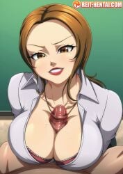 1boy 1girls big_breasts big_penis boobjob clothed clothed_sex evil_grin kashiwagi_noriko large_breasts looking_at_viewer mature_female noriko_kashiwagi paizuri paizuri_under_clothes penis persona persona_4 pov reit sex smirk tagme titjob watermark