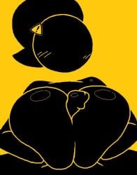 big_breasts black_body jjoyplus paizuri penis penis_between_breasts ponytail titfuck titjob warning_sign warning_sign_person yellow_background