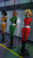 3girls alex_(totally_spies) ball_gag black_hair blonde_hair blonde_hair blonde_hair_female bondage captured captured_heroine clover_(totally_spies) gag gagged ginger ginger_hair latex latex_suit multiple_females multiple_girls orange_hair restrained sam_(totally_spies) serpentorder totally_spies