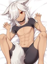 1boy animal_ears arm_tattoo bishounen black_shirt black_shorts cyno_(genshin_impact) dark-skinned_male dark_skin fox_ears genshin_impact grey_hair hair_between_eyes hair_over_one_eye highres iroiro_0w0 long_hair lying male_focus male_only midriff muscular muscular_male navel orange_eyes shirt shorts solo stomach tattoo white_hair