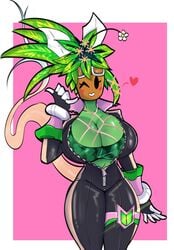 big_breasts blaster_master blaster_master_zero blaster_master_zero_2 bodysuit breasts green_skin heart kanna_(blaster_master) mob_face pink_background plantie unzipped_bodysuit watermelon_bra watermelon_nets white_background wink