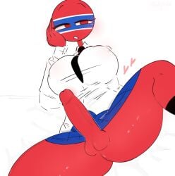 1girls big_breasts big_penis blue_skirt countryhumans countryhumans_girl futa futanari kak0yt0_chel looking_away red_skin small_balls student thai_student_uniform thailand_(countryhumans) tie white_shirt