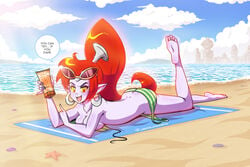 1girls ass bare_back barefoot beach bikini breasts dark_persona english_text feet female highres linkerlewds lotion lying nega-shantae on_front ponytail purple_skin red_bikini red_hair shantae smooth_skin smug solo speech_bubble swimsuit text_focus untied untied_bikini wayforward