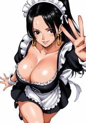 ai_generated alluring almost_naked almost_nude big_breasts black_eyes black_hair blush boa_hancock color colored earring earrings female female_only highres long_hair looking_at_viewer maid maid_headdress maid_outfit maid_uniform one_piece peace_sign seducing seduction seductive seductive_body seductive_eyes seductive_gaze seductive_look seductive_mouth seductive_pose seductive_smile shiny_hair shiny_skin snake_earrings sweat sweatdrop sweating sweaty sweaty_body tagme thick_thighs voluptuous voluptuous_female yashin