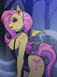 2020 anthro areola breasts clothed clothing cutie_mark detailed_background digital_media_(artwork) eyebrows eyelashes female flutterbat_(mlp) fluttershy_(mlp) forest friendship_is_magic hair hasbro hi_res monster_girl my_little_pony night nipples outside pink_hair solo standing tree trixythespiderfox