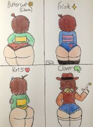 2024 ambiguous_gender artist_name artist_signature ass ass_bigger_than_head ass_cheeks ass_focus back_view bandana big_ass butt_focus chara chara_dreemurr clover_(undertale_yellow) cowboy cowboy_hat dat_ass deltarune femboy frisk huge_ass human human_only kris_(deltarune) kris_dreemurr self_upload shorts spectrodraws striped_clothing toby_fox traditional_media traditional_media_(artwork) undertale undertale_(series) undertale_yellow video_games wide_hips