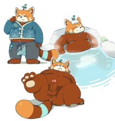 2024 3_toes ailurid anthro anus ass balls bathing belly bottomwear brown_body bulge closed_eyes clothing erection feet flappydog genitals hi_res kemono male male_only mammal moobs orange_body overweight overweight_male pants penis red_panda solo solo_male toes towel towel_on_head water