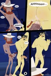 2boys against_wall black_hair comic cum_in_ass cumdrip harzu male/male male_focus male_only nude page_8 page_number red_hair samurai samurai_jack samurai_jack_(character) the_thief_(samurai_jack) yaoi