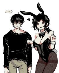 1boy 1girls andrew_graves ashley_graves biting_lip black_clothing black_hair blood blush breasts brother_and_sister bulge bunny_ears bunnysuit cleavage erection erection_under_clothes fishnets heart looking_away skimpy the_coffin_of_andy_and_leyley watasi_tokimi