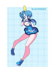 1girl ass bare_legs belt blue_background blue_eyes blue_hair blue_nails bluethebone breasts choker cleavage clothed crying eye_contact female female_only gloves humanized jacket looking_at_viewer miniskirt nail_polish nintendo pokemon pokemon_ss shirt shoes short_hair side_ponytail skirt sobble solo standing tears text thick_thighs thighs watermark white_border