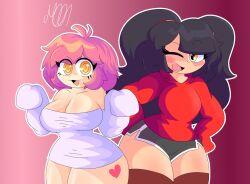 ashley_(moonlightdrawinguwu) black_hair daisy_(moonlightdrawinguwu) fully_clothed hands_on_hips moonlightdrawinguwu original oversized_clothes pink_hair twintails white_shirt