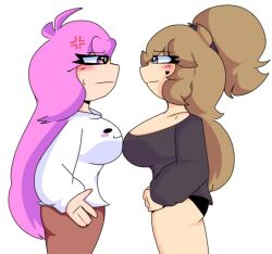 big_breasts brown_hair fully_clothed jade_(nutts) long_hair may_(moonlightdrawinguwu) nutts original original_character pink_hair purple_eyes side_view