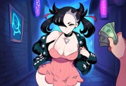 1boy 1boy1girl ai_generated alley curvaceous curvy female large_breasts looking_at_viewer marnie_(pokemon) money novelai offering offering_money pokemon pokemon_ss prostitute prostitution undressing wide_hips