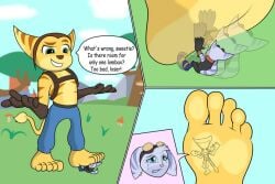 anthro barefoot bodily_fluids bullying crush crying dominant dominant_male duo feet female female_on_bottom forced furry larger_male macro male male/female male_foot_fetish male_on_top micro on_bottom on_top outside parsley-spoon ratchet_(ratchet_and_clank)