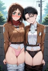 2girls ai_generated arms_behind_back ascot attack_on_titan babski326 belt black_eyes black_hair black_panties blush bow bow_panties breasts brown_jacket clenched_teeth clothes_pull day emblem eren_jaeger genderswap_(mtf) glaring green_eyes hands_behind_back jacket lace-trimmed_panties lace_trim levi_ackerman long_hair long_sleeves looking_at_viewer medium_breasts medium_hair panties pants pants_down paradis_military_uniform pink_panties red_scarf rule_63 scowl shirt short_hair small_breasts standing survey_corps_(emblem) sweat teeth white_shirt