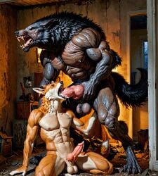 ai_generated blowjob canine couple cum cumming duo gay knot male_on_male muscular_male oral realistic solo werewolf wolf