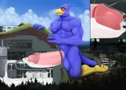 absurd_res anthro avian beak big_penis bird blue_body blurthefur bodily_fluids building_penetration building_sex closed_eyes cum cum_inside excessive_cum excessive_genital_fluids facility falco_lombardi flooding genital_fluids genitals hi_res internal kneeling machine macro milking_machine mountain nintendo orgasm penetration penile penis penis_milking solo star_fox tunnel worship