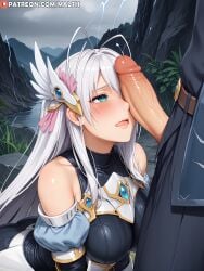 1boy 1girls ahoge ai_generated antenna_hair aqua_eyes armor bare_shoulders big_breasts big_penis blue_eyes blush embarrassed half-closed_eyes high_school_dxd highres imminent_oral kneeling kneeling_oral_position large_breasts long_hair looking_up malth penis penis_covering_eye penis_on_face rossweisse shy wavy_mouth white_hair