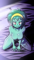 1girls bed_sheet bedroom breasts cleavage female green_hair green_skin hairband half-closed_eyes highres kneeling large_breasts linkerlewds looking_at_viewer night nude on_bed red_eyes rottytops shantae skull_earrings smile smooth_skin solo stitches tagme undead wayforward zombie zombie_girl