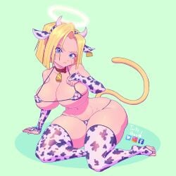 1girls android_18 big_breasts bra breasts cow_print dragon_ball halo panties thick_thighs thighs tortachan