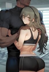 1boy 1girls 2d ai_generated ass big_ass dark-skinned_male dark_skin girls'_frontline gray_hair gym_uniform kaikoi mostly_clothed netorare size_difference sports_bra sportswear ump40_(girls_frontline)