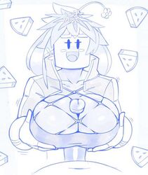 big_breasts blaster_master blaster_master_zero blaster_master_zero_2 blush creamygravy female human_on_plantie kanna_(blaster_master) male mob_face monochrome paizuri plantie smile unzipped_bodysuit watermelon_bra watermelon_nets