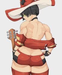 ass back_muscles beauty_mark black_hair choker glasses green-tinted_eyewear guilty_gear guitar half-dressed half_naked hat i-no light-skinned_female light_skin mole muscle muscles muscular muscular_female short_hair sunglasses tinted_eyewear undressing undressing_self yoracrab