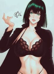 1girls big_breasts blush bra clothed clothing coat color female female_focus female_only fubuki_(one-punch_man) green_eyes green_hair hi_res human_only lace lace-trimmed_bra large_breasts light-skinned_female light_skin lingerie looking_at_viewer mostlybluewyatt navel one-punch_man short_hair simple_background solo solo_female tagme thick_thighs