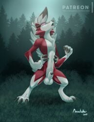 1boy 2019 animal_genitalia anthro anthrofied black_penis canine claws detailed_background feet front_view fur furry hi_res howling lycanroc male male_only mammal midnight_lycanroc nintendo no_nipples nude open_mouth paws penis penis_tip pink_eyes pokémon_(species) pokemon pokemon_sm red_fur richard_foley sheath solo standing teeth testicles text video_games watermark white_fur white_sheath