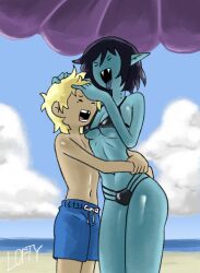 1boy 1girls adventure_time beach bigger_female bikini bikini_top cartoon_network cleavage closed_eyes duo duo_focus eyes_closed fangs finn_the_human glistening hand_on_hair hugging lofty_(artist) marceline photo seaside short_hair signature standing swimming_trunks swimsuit teeth thighs tongue vampire vampire_girl warner_brothers