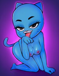 2022 black_eyes blue_fur blue_hair breasts cartoon_network feet feline female female_focus female_only furry loodncrood nicole_watterson nipples purple_background the_amazing_world_of_gumball thighs tongue tongue_out