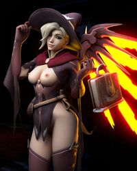 1girls 3d alternate_costume blonde_hair blue_eyes breasts female female_only ghosy looking_at_viewer mercy overwatch partially_clothed solo wings witch_mercy