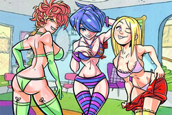 27lsd 3girls cartoon_network ed_edd_n_eddy kanker_sisters lee_kanker lingerie looking_at_viewer marie_kanker may_kanker multiple_females senorlemonmg98 sisters striped_legwear striped_panties take_your_pick teasing undressing wink