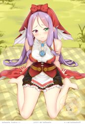 1girls alternate_costume bare_arms bare_legs barefoot blanket breasts cosplay crossover female female_only fire_emblem fire_emblem:_the_binding_blade green_eyes heterochromia idun_(megami_tensei) idunn_(fire_emblem) kneeling legs long_hair looking_at_viewer medium_breasts megami_tensei nabunabu nintendo outdoors purple_hair red_eyes smile solo very_long_hair