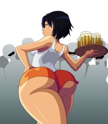 1girls ass beer being_watched beverage big_ass big_breasts big_hero_6 breasts crowd dat_ass disney female gogo_tomago holding_object hooters large_ass looking_at_viewer looking_back marvel marvel_comics nervous plate ravenravenraven rear_view round_ass sci-fi science_fiction scifi short_hair shorts skindentation tank_top thick_thighs waitress