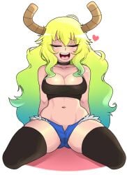 1girl 1girls alternate_breast_size black_legwear black_stockings black_tank_top breasts choker cleavage closed_eyes green_hair horns kobayashi-san_chi_no_maidragon legwear long_hair lucoa lucoa_(maidragon) medium_breasts multicolored_hair navel open_fly open_mouth quetzalcoatl_(dragon_maid) rodjim small_breasts solo solo_female spread_legs stockings tank_top tongue