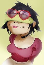 2021 black_hair bottomless bottomless_female breasts cant_see_the_haters eyes_covered female female_focus gorillaz heart_sunglasses male murdoc_niccals noodle_(gorillaz) noodle_(jaguar) onae penis penis_covering_eyes pink_lips pink_lipstick pubic_hair short_hair sunglasses thighs tongue tongue_out yellow_background