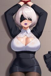 ai_generated blindfold hands_tied microskirt nier:_automata nier_(series) office_lady pantyhose pantyshot pantyshot_(sitting) restrained skirt thiccwithaq_(ai_style) white_hair yorha_2b