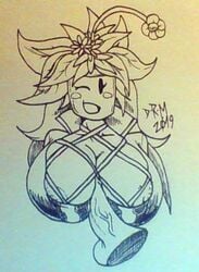 big_breasts blaster_master blaster_master_zero blaster_master_zero_2 disembodied_penis female female_focus human_on_plantie kanna_(blaster_master) mob_face monochrome nipples paizuri plantie sketch smile unzipped_bodysuit watermelon_bra watermelon_nets wink