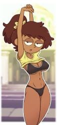 1girls aged_up amphibia amphibia_(finale) anne_boonchuy black_bra black_panties bra dark-skinned_female dark_skin drawsoyeah female panties shirt_lift solo tagme underwear