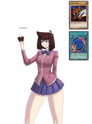 1girls anzu_mazaki breast_expansion breast_growth chumbone20 female female_only gameplay_mechanics light-skinned_female school_uniform solo standing tea_gardner yu-gi-oh!