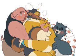 2024 anthro bear belly big_belly blush bodily_fluids bulge canid canine canis clothing domestic_dog domestic_pig genital_fluids groping_from_behind group hi_res kemono male male/male mammal moob_grab moobs obese obese_male overweight overweight_male precum quanjiang shirt simple_background skinsuit suid suina sus_(pig) tight_clothing topwear visor white_background