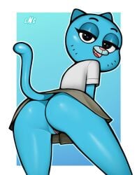 2021 anthro ass black_eyes blue_background blue_fur cartoon_network feline female female_focus female_only furry loodncrood looking_at_viewer looking_back nicole_watterson pussy skirt the_amazing_world_of_gumball thighs upskirt white_border