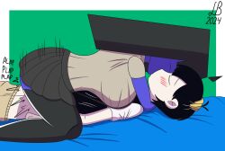 age_difference bed black_hair blush blush closed_eyes clothed_sex cowgirl_position crossover crossover_pairing crossover_sex ena joel_g kissing large_breasts multicolored_body omori pants_down sex skirt sunny_(omori) thighhighs